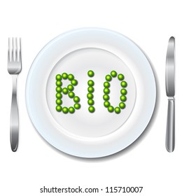 Bio food dinner plate, knife and fork vector set