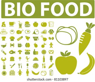 bio food, drink, vegetables, fruits, icons, signs, vector illustrations