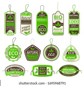 Bio food labels, eco organic gluten free natural product, vector tags with strings. Natural green vegan food, 100 percent genuine premium quality and eco certification warranty labels