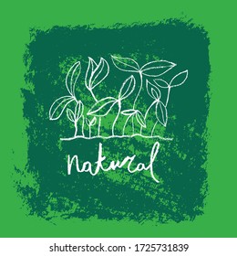 Bio food labels. Square hand-drawn banner of Green Thinking badge on chalkboard background. Healthy food icon, pencil background. Trendy vector farmer logo, organic concept, natural cosmetics.