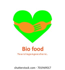 Bio food logo. Fork and spoon on heart image. Creative business logotype for restaurant, café, canteen, catering, product, shop, store. EPS10 vector illustration for eco, bio, green, clean food.