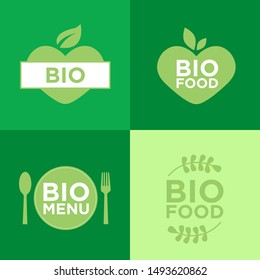 Bio food and nutrition emblems set isolated on green. Vector illustration EPS 10