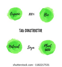 Bio food tag vector constructor. Round green background and scripts: organic, 100 percent, bio, natural, soya, plant based