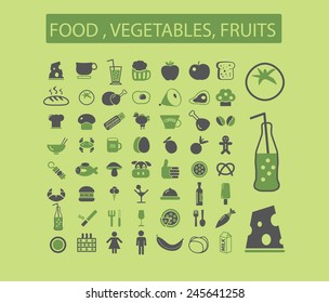 bio food, vegetables, fruits, product store, grocery, drinks, cheese, milk, pizza, cafe, restaurant web icons, signs, illustration isolated on background set, vector