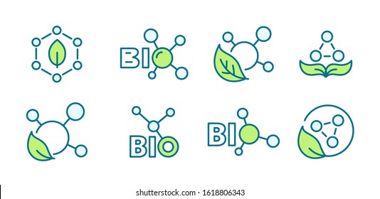 Bio formula. Eco-friendly quality product. Natural composition. Molecule of the substance. Outline contour line vector icon set. svg