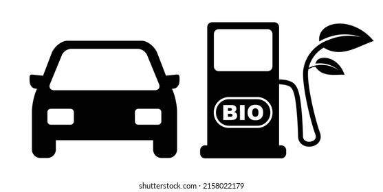 Bio fuel, biofuel pump or biodiesel. Car flling station, Biofuel is fuel made from biomass. Bio fuels are available in solid, liquid or gaseous form. Refill symbol or pictogram. Car fill location. 