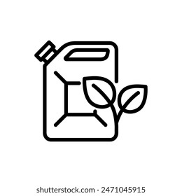 Bio fuel canister with leaves outline icon. Green environment and recycle symbol. Editable stroke. Isolated vector illustration 