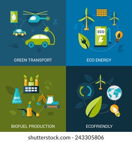 Bio fuel design concept set with green transport eco energy biofuel production flat icons isolated vector illustration