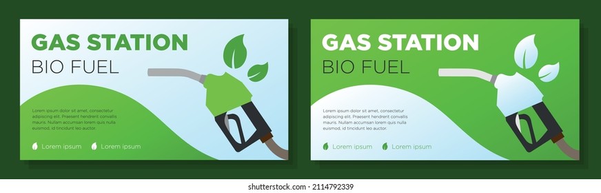 Bio fuel gas station banner template set, ecological renewable energy advertisement, zero emission goal business ad, flyer, card, isolated on background.