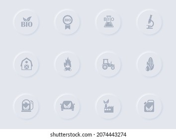 bio fuel gray vector icons on round rubber buttons. bio fuel icon set for web, mobile apps, ui design and promo business polygraphy