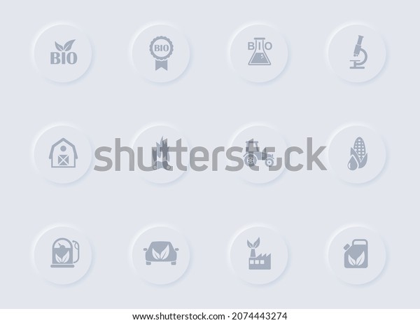 bio fuel gray vector icons on round rubber\
buttons. bio fuel icon set for web, mobile apps, ui design and\
promo business polygraphy