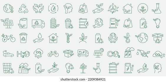 Bio Fuel, Green Energy Line Icon Set. Renewable Nature Power Linear Pictogram. Recycling Environmental Resource Outline Symbol. Eco Electric Energy. Editable Stroke. Isolated Vector Illustration.