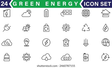 Bio Fuel, Green Energy Line Icon Set. Renewable Nature Power Linear Pictogram. Recycling Environmental Resource Outline Symbol. Eco Electric Energy. Editable Stroke. Isolated Vector Illustration