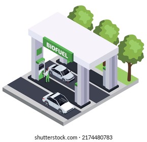 Composición isométrica de la producción de biocombustible con visión exterior de la estación de gas de energía verde con vehículos de personas ilustración vectorial