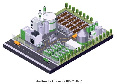 Bio fuel production isometric composition with view of green energy plant area with fields and road vector illustration