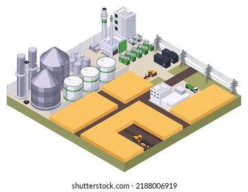 Bio fuel production isometric composition with outside view of modern energy plant with electric farm buildings vector illustration