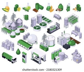 Bio fuel production isometric set with isolated icons of plant facilities storage tanks and biological supplies vector illustration