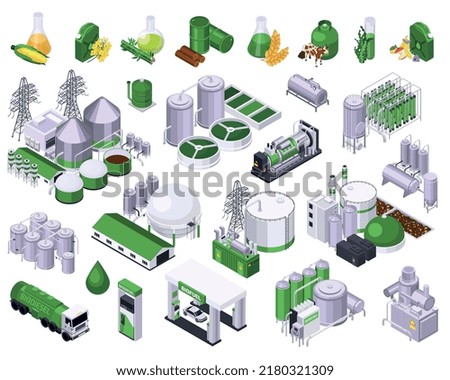 Bio fuel production isometric set with isolated icons of plant facilities storage tanks and biological supplies vector illustration
