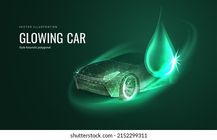 Bio fuel in tech futuristic style. Alternative clean energy for electric car with light effect. Vector illustration of replacing fuel in a vehicle in neon style on a green background.