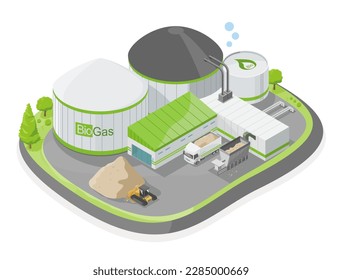 Fábrica de almacenamiento de la planta de gas Bio fábrica de almacenamiento ecología fábrica símbolos de energía verde ilustración vector aislado isométrico