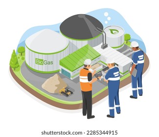 Bio gas Plant factory storage management engineer talking with worker ecology factory green energy symbols concept illustration isometric isolated cartoon vector