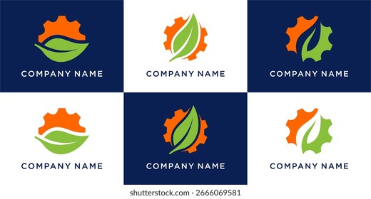 Bio gear logo design set with leaf