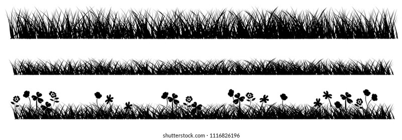 Bio grass border with flowers and plants field silhouette. Vector plant shrubs meadow summer spring. Nature spring time. Banner background. EK WK play model sports. Transparent print. Go vegan.