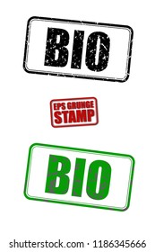 Bio green and black text grunge rubber ink postage stamp isolated on white background. Grungy vector stencil sticker illustration. Retro shabby poster.  Vintage rectangular tag template.