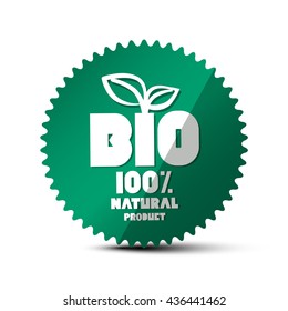 BIO Green Label. Vector 100% Natural Product Sticker. Circle Tag with Leaf Symbol.