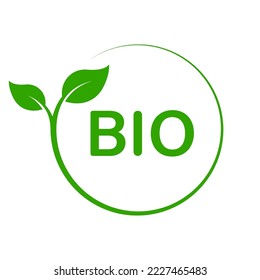 Bio Green Plant Stamp. Eco Friendly, Healthy Vegetarian Food Product Organic Leaf Symbol. Natural Environment Bio Emblem. Ecological Vegan Plant Circle Sticker. Isolated Vector Illustration.
