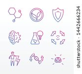 bio hacking creation science research healthcare diagnostics hormone molecule chemistry lab tube experiment brain work mind bulb protection guard point energetic man vector gradient thin line icon set