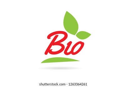 Bio hand written word text for typography design in red color with leaf  Can be used for a logo or icon