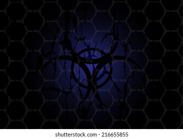 bio hazard dark blue symbol is behind mesh metal 