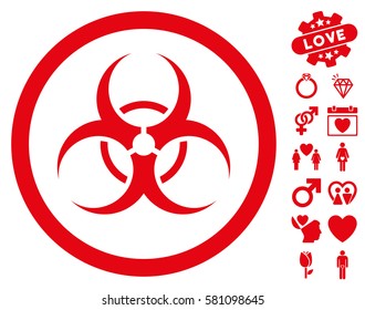 Bio Hazard icon with bonus romantic pictures. Vector illustration style is flat iconic red symbols on white background.