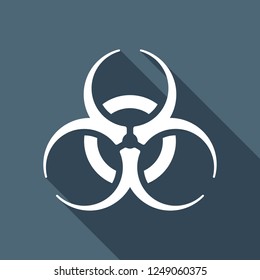 Bio hazard icon. Warning sign about virus or toxic. White flat icon with long shadow on blue background