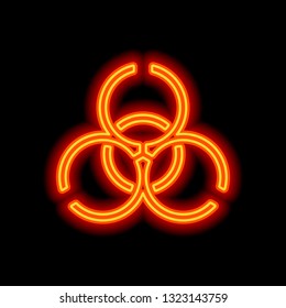 Bio hazard icon. Warning sign about virus or toxic. Linear design. Orange neon style on black background. Light icon
