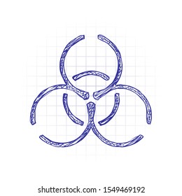 Bio hazard icon. Warning sign about virus or toxic. Linear design. Hand drawn sketched picture with scribble fill. Blue ink. Doodle on white background