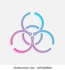 Bio hazard icon. Warning sign about virus or toxic. Linear design. Colored logo with diagonal lines and blue-red gradient. Neon graphic, light effect