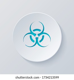 Bio hazard icon. Warning sign about virus or toxic. Cut circle with gray and blue layers. Paper style