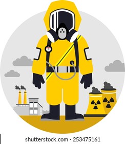 Bio hazard protection concept. Man in protective suit and gas mask on pollution background