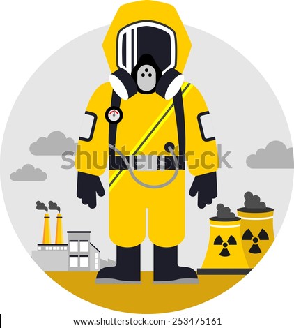 Bio hazard protection concept. Man in protective suit and gas mask on pollution background