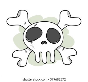 Bio Hazard Skull, a hand drawn vector doodle illustration of a skull with crossed bones behind it, isolated on a simple dark green background (editable).