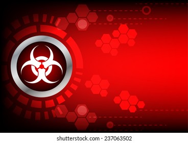 bio hazard symbol button and hexagon on dark red background