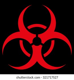 Bio Hazard vector icon. Style is flat symbol, red color, rounded angles, black background.