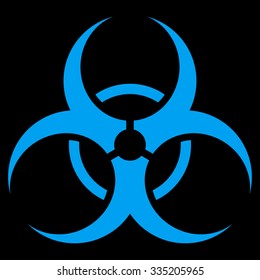 Bio Hazard vector icon. Style is flat symbol, blue color, rounded angles, black background.