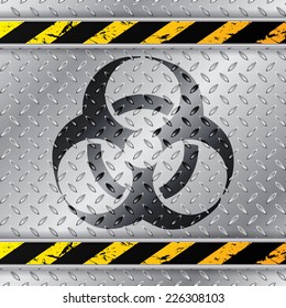 Bio Hazzard Warning Sign On Metallic Plate With Triped Warning Sign