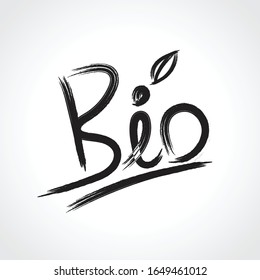 Bio icon with Green leaf hand drawn vector illustration, Calligraphic and typographic, Paintbrush stroke