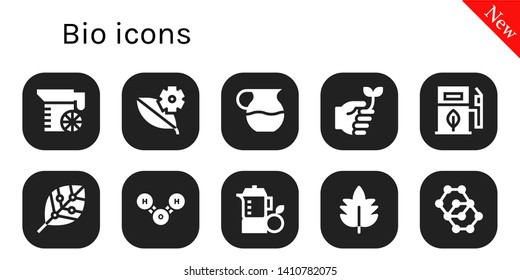 bio icon set. 10 filled bio icons.  Collection Of - Juice, Leaf, Eco friendly, Eco fuel, Renewable energy, Molecule