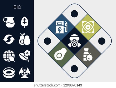  bio icon set. 13 filled bio icons. Simple modern icons about  - Gas mask, Petri dish, Biohazard, Ecology, Leaf, Recycle, Avocado, Juice, Molecules, Eco fuel