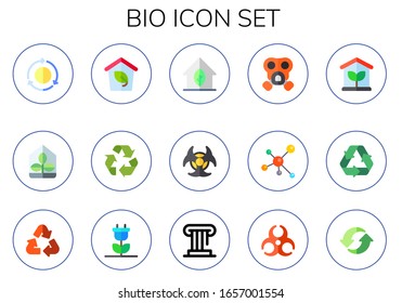 conjunto de iconos bio. 15 íconos de bio plano. Incluida la reutilización, invernadero, eco, signo de reciclaje, eco-casa, biopeligro, máscara de gas, molécula, reciclado, reciclado, energía renovable, iconos de la historia
